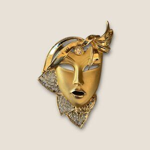 Vintage Gold Tone Art Deco Style Mask Brooch Pin With Rhinestone Detail